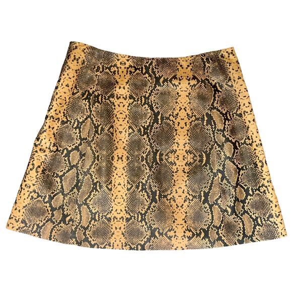 Veda Camel Brown Black Python Snake Print Genuine Leather Mini Skirt size M - Picture 3 of 8